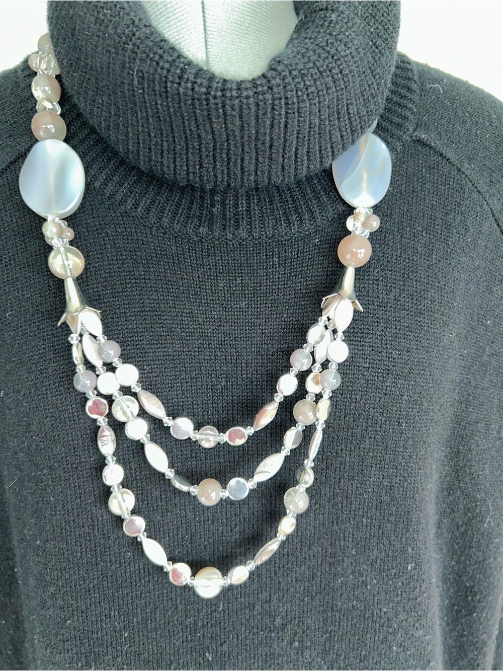 Multi-Strand Layered Beaded Necklace in Pale Gray and Taupe and Lilac